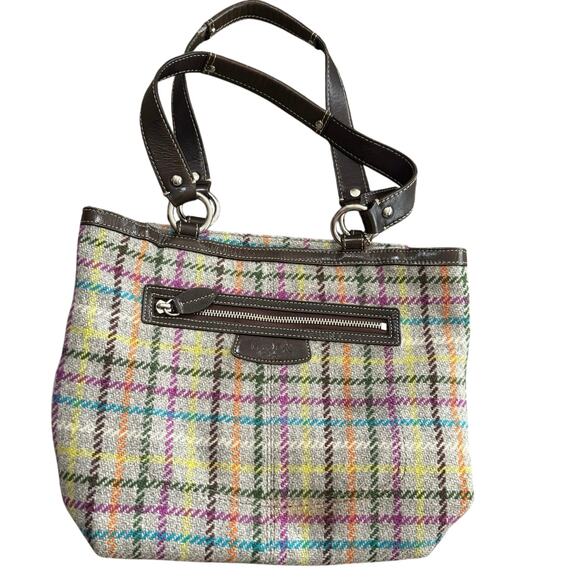 Y2K Coach Penelope Tattersall Shoulder Bag Tweed Plaid Wool Leather - Picture 1 of 7
